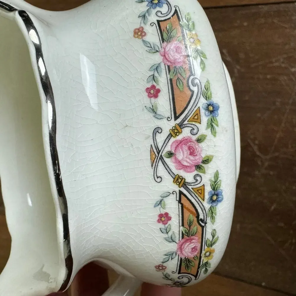 1930s WS George LIDO White Creamer &‎ Sugar Bowl Pink Roses Silver Platinum Trim